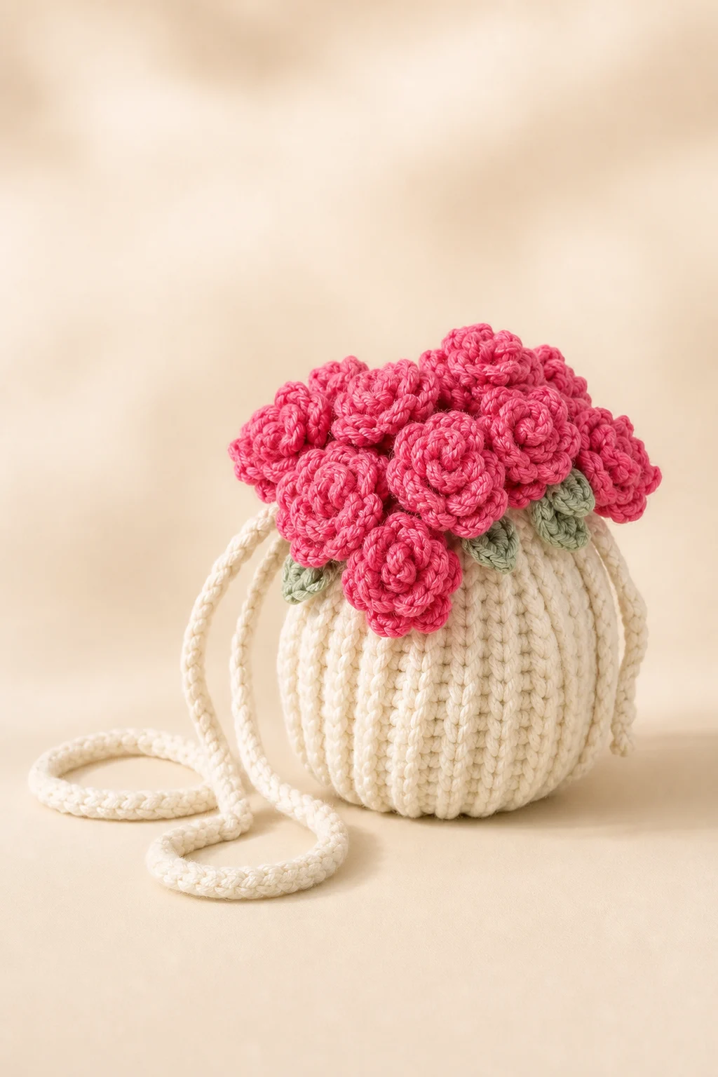 Handmade cream crochet drawstring bag decorated with bright pink roses and green leaves