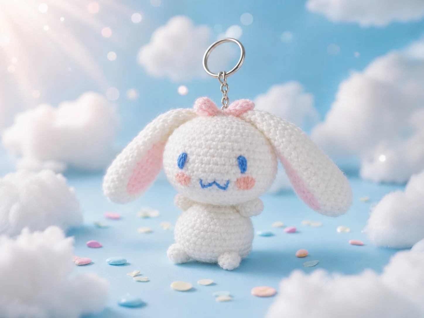 Handmade Cinnamoroll crochet keychain in white with pink ears and blue embroidered details